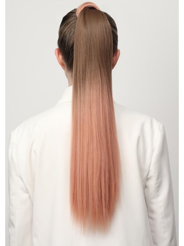 Хвост накладной, прямой волос, на резинке, 60 см, 100 гр, цвет омбре русый/пепельно-розовый
