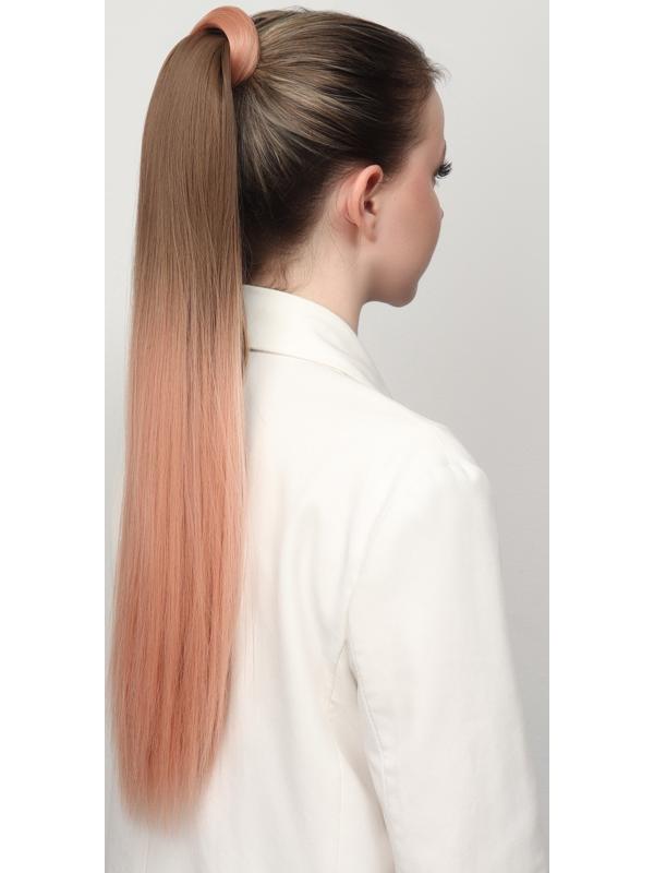 Хвост накладной, прямой волос, на резинке, 60 см, 100 гр, цвет омбре русый/пепельно-розовый