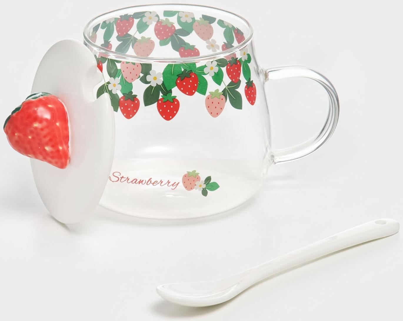 Кружка стеклянная с керамической крышкой и ложкой «Ягодка», 500 мл, 13×9,5×8,5 см