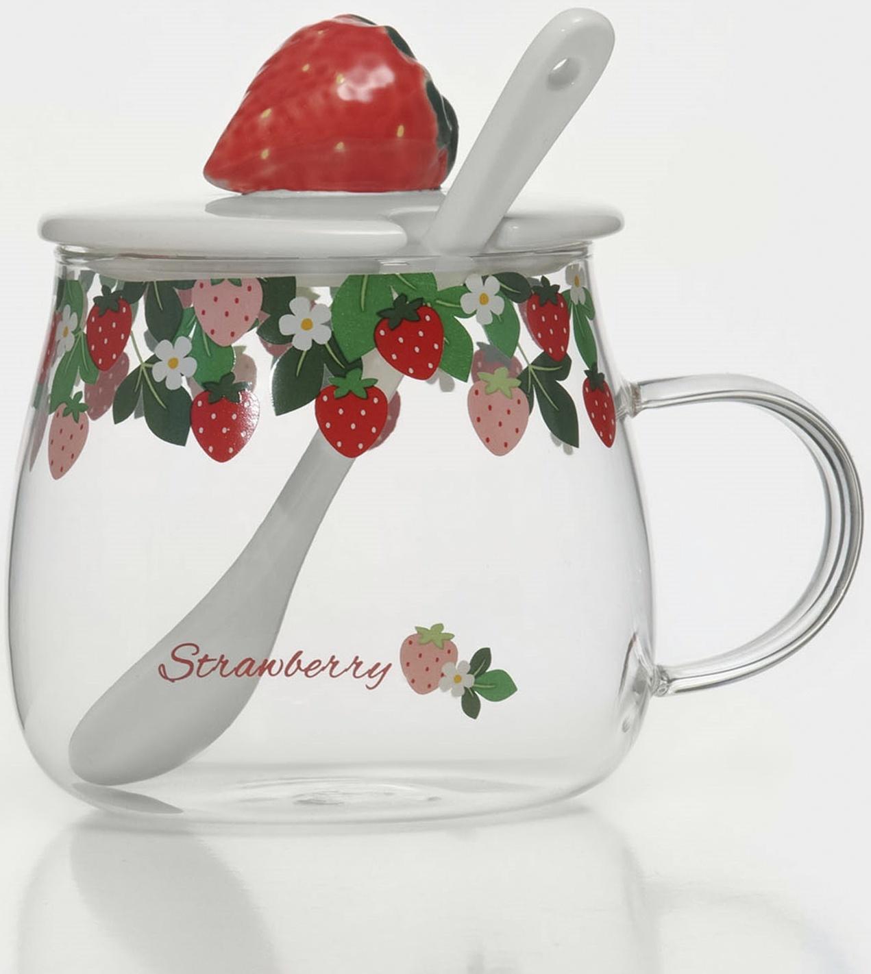 Кружка стеклянная с керамической крышкой и ложкой «Ягодка», 500 мл, 13×9,5×8,5 см