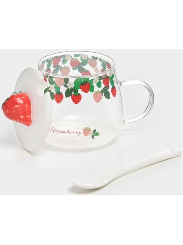 Кружка стеклянная с керамической крышкой и ложкой «Ягодка», 500 мл, 13×9,5×8,5 см