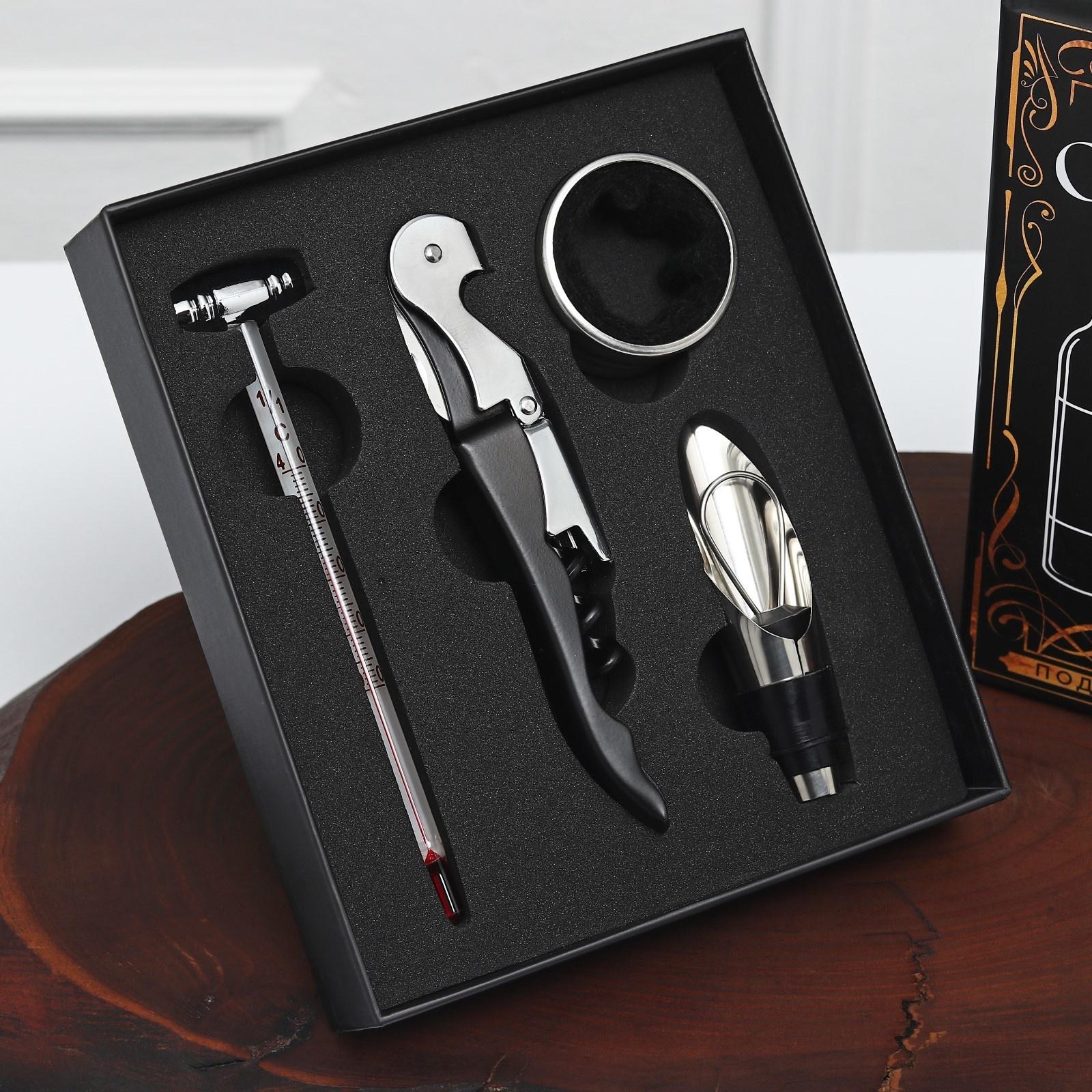 Подарочный набор штопор, аэратор, каплеуловитель, термометр «Для открытий», 14 х 16 см