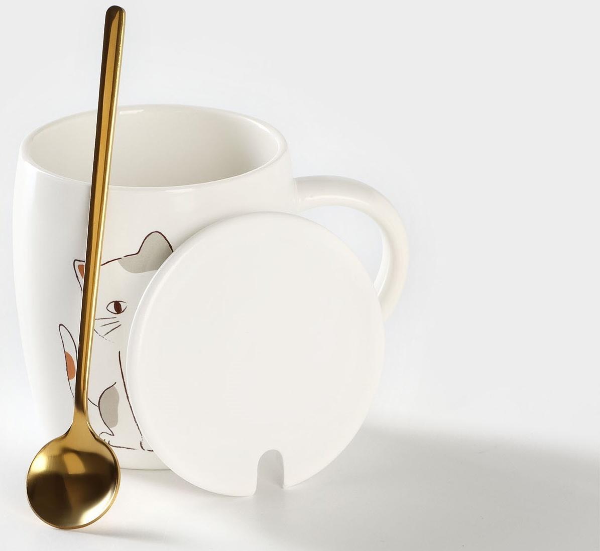 Кружка керамическая с крышкой и ложкой «Кошечка», 350 мл, цвет белый