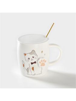 Кружка керамическая с крышкой и ложкой «Кошечка», 350 мл, цвет белый