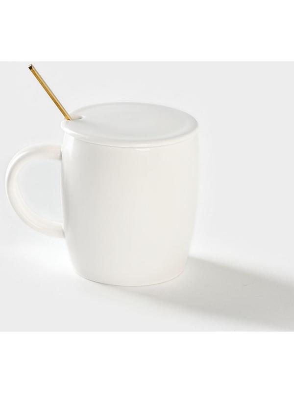 Кружка керамическая с крышкой и ложкой «Кошечка», 350 мл, цвет белый