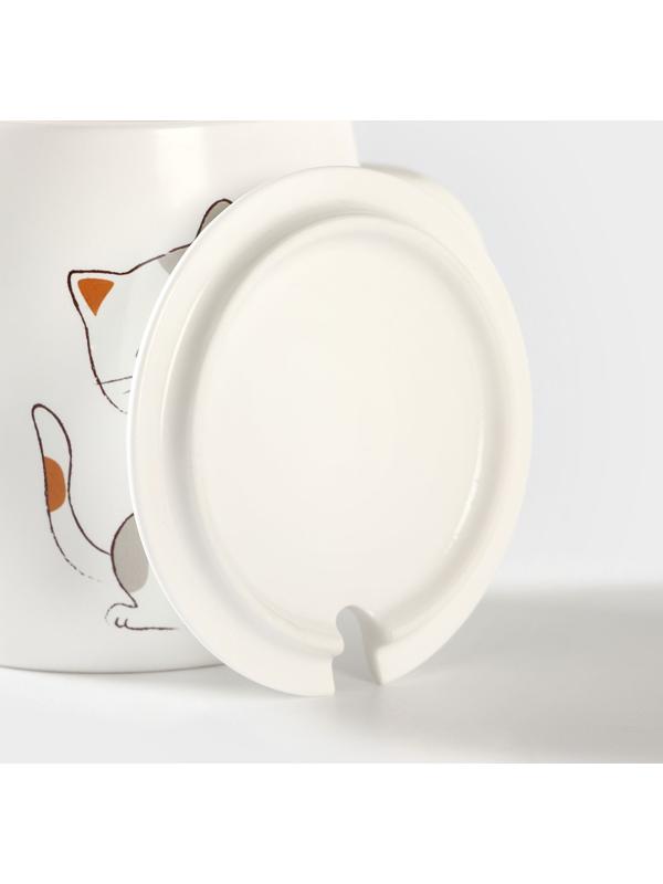 Кружка керамическая с крышкой и ложкой «Кошечка», 350 мл, цвет белый