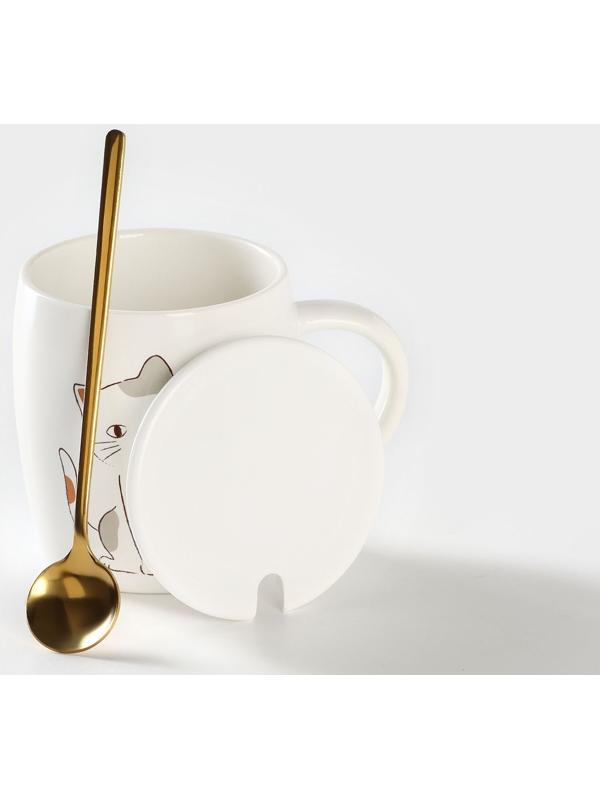 Кружка керамическая с крышкой и ложкой «Кошечка», 350 мл, цвет белый