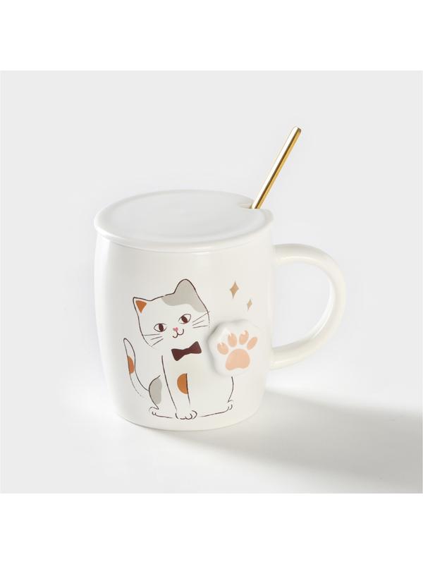 Кружка керамическая с крышкой и ложкой «Кошечка», 350 мл, цвет белый