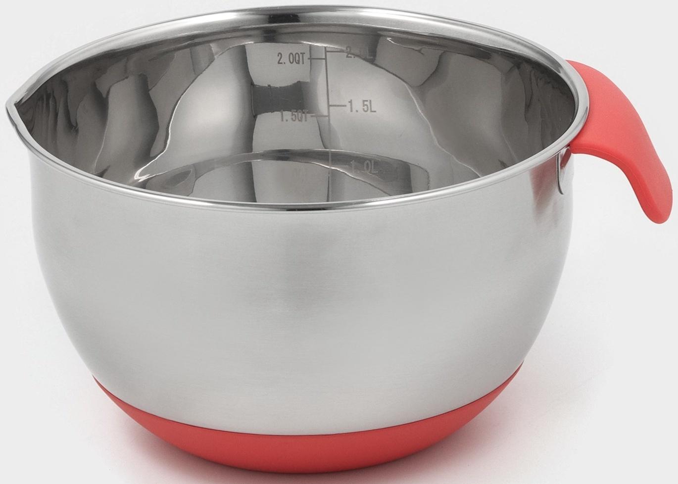 Миска из нержавеющей стали, 2 л, 22×19×11,5 см, с противоскользящим дном и мерной шкалой, силиконовая ручка