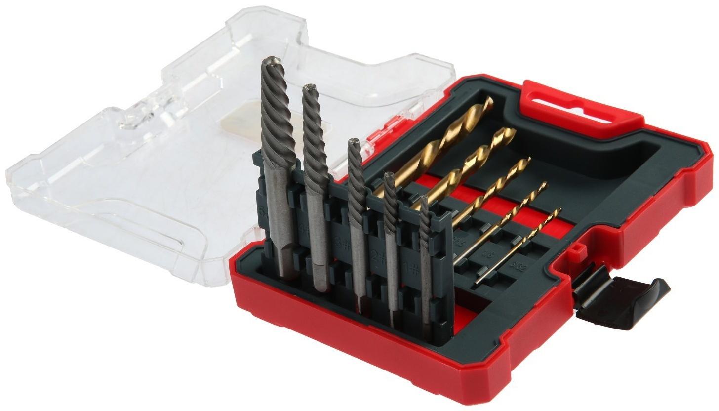 Набор экстракторов и сверл ТУНДРА, крупная левая резьба, 45 сталь М1-М5, d=2.4-8 мм HSS, TIN   97488