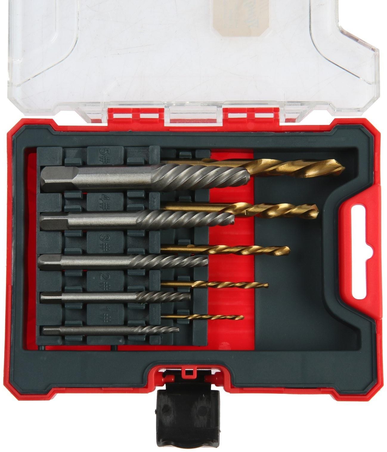 Набор экстракторов и сверл ТУНДРА, крупная левая резьба, 45 сталь М1-М5, d=2.4-8 мм HSS, TIN   97488