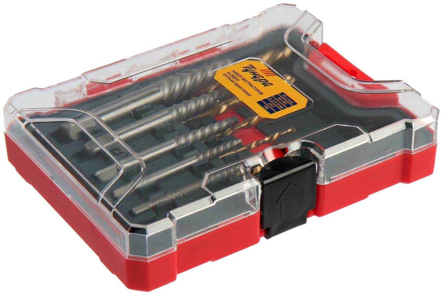 Набор экстракторов и сверл ТУНДРА, крупная левая резьба, 45 сталь М1-М5, d=2.4-8 мм HSS, TIN   97488