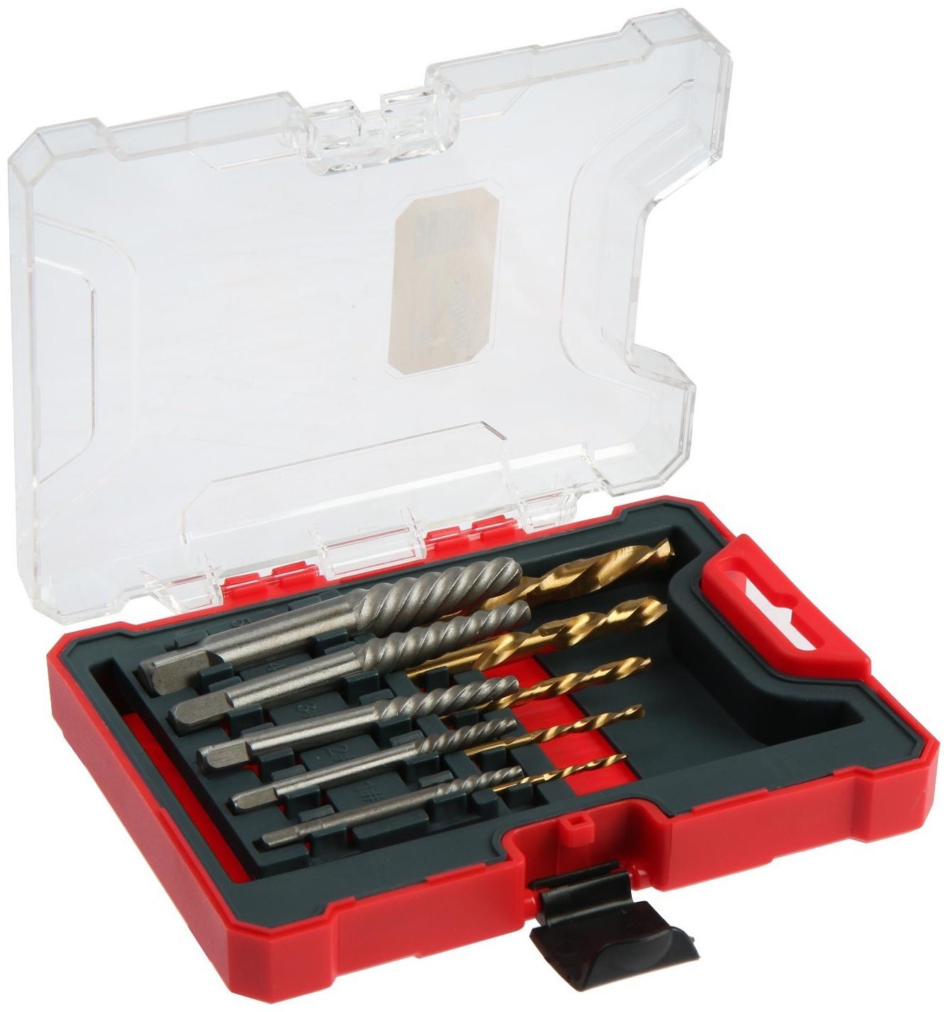 Набор экстракторов и сверл ТУНДРА, крупная левая резьба, 45 сталь М1-М5, d=2.4-8 мм HSS, TIN   97488