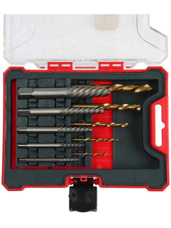 Набор экстракторов и сверл ТУНДРА, крупная левая резьба, 45 сталь М1-М5, d=2.4-8 мм HSS, TIN   97488