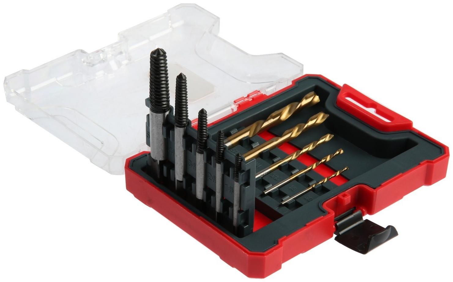 Набор экстракторов и сверл ТУНДРА, левая резьба, 45 сталь М1-М5, d=2.4-8 мм HSS, TIN