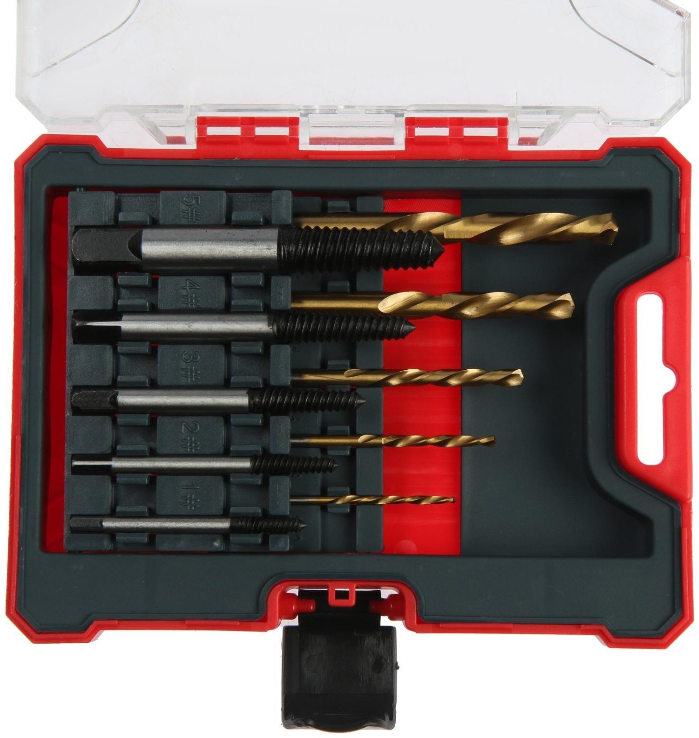 Набор экстракторов и сверл ТУНДРА, левая резьба, 45 сталь М1-М5, d=2.4-8 мм HSS, TIN