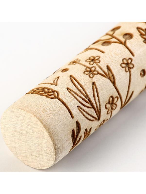 Скалка деревянная с узорами «Цветочный луг» для выпечки, 30 см