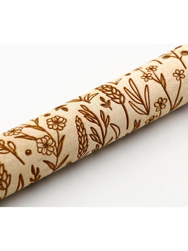 Скалка деревянная с узорами «Цветочный луг» для выпечки, 30 см