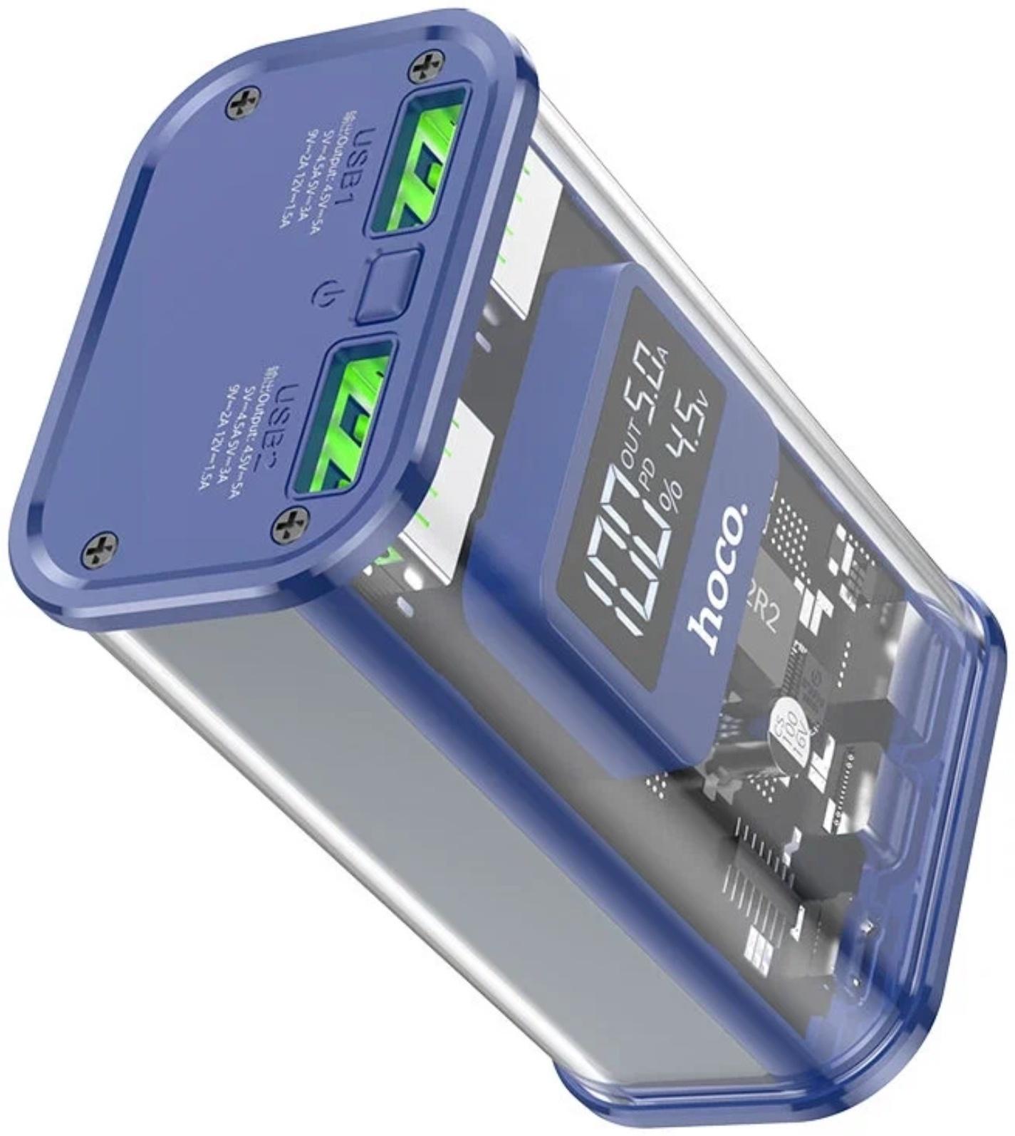 Внешний аккумулятор Hoco J105, 10000 мАч, 3 А, 2USB/Type-C/Lightning/MicroUSB, синий