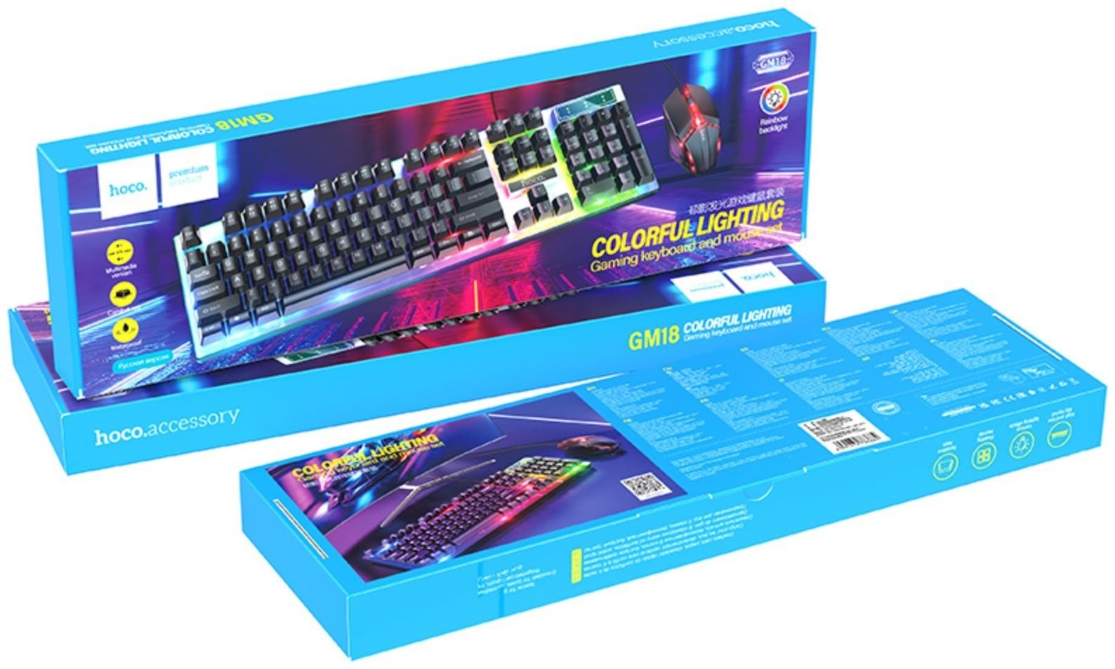 Комплект клавиатура и мышь Hoco GM18, игровой, проводной, мембранный, 1000 dpi, чёрный