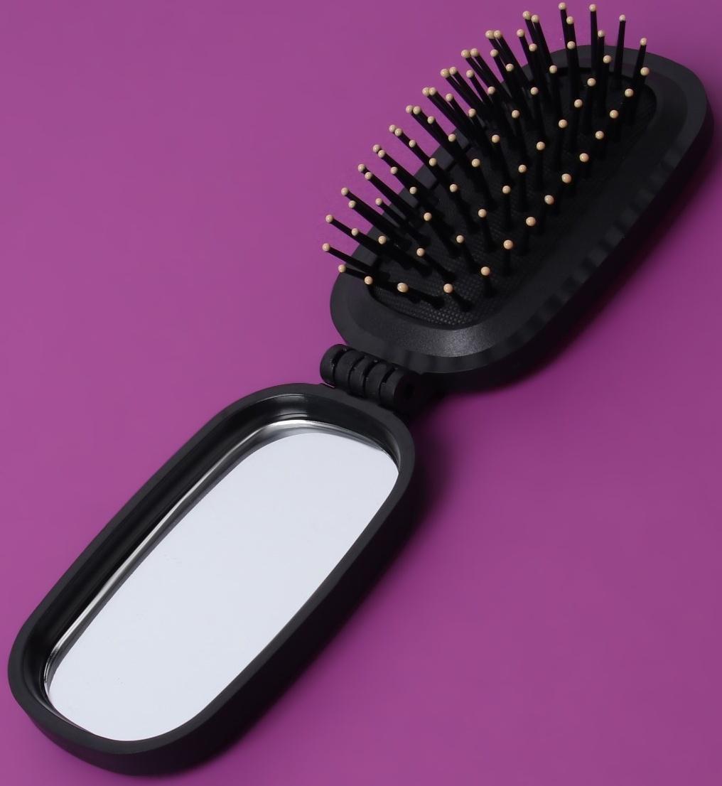 Расчёска массажная, складная, зеркалом, 9,5 × 5,5 см, цвет чёрный