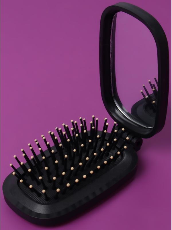 Расчёска массажная, складная, зеркалом, 9,5 × 5,5 см, цвет чёрный
