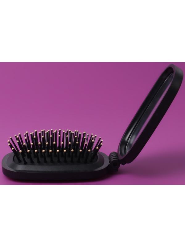 Расчёска массажная, складная, зеркалом, 9,5 × 5,5 см, цвет чёрный