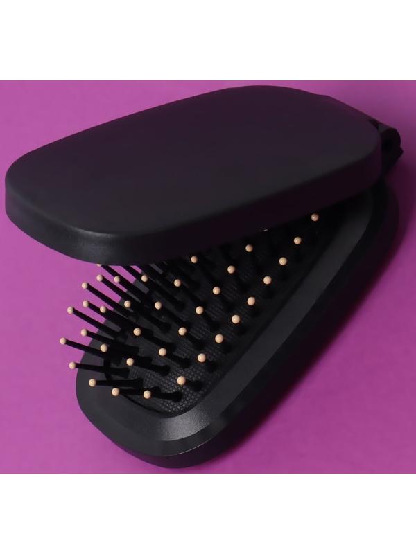 Расчёска массажная, складная, зеркалом, 9,5 × 5,5 см, цвет чёрный