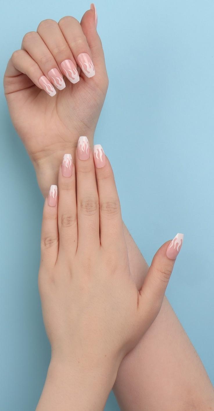 Накладные ногти «Fire», 12 шт, с клеевыми пластинами, форма балерина, цвет розовый/белый