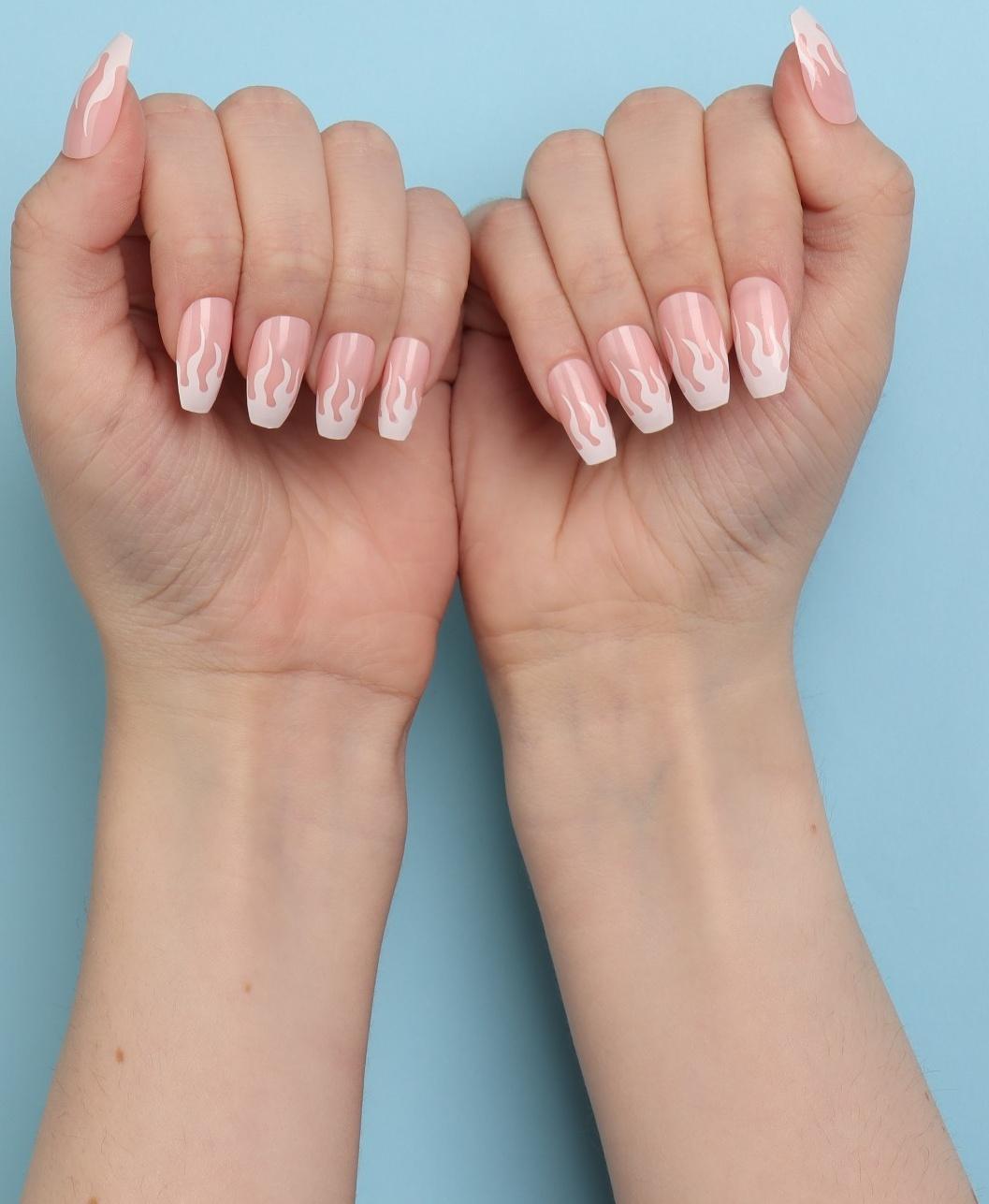 Накладные ногти «Fire», 12 шт, с клеевыми пластинами, форма балерина, цвет розовый/белый