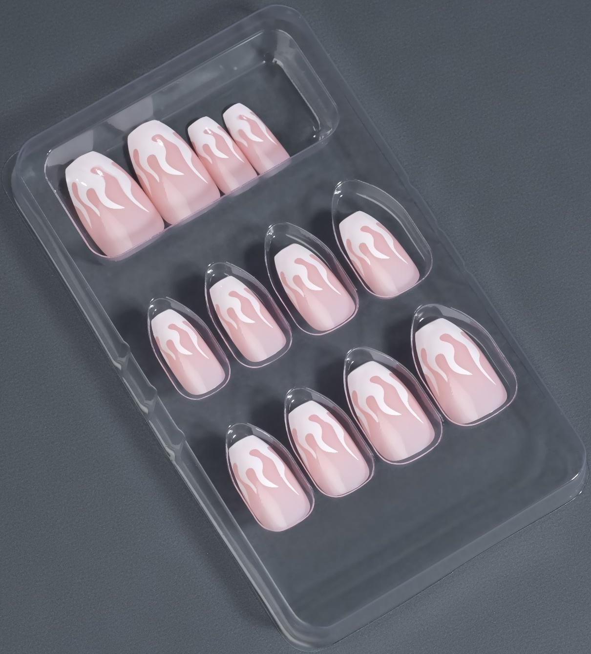 Накладные ногти «Fire», 12 шт, с клеевыми пластинами, форма балерина, цвет розовый/белый