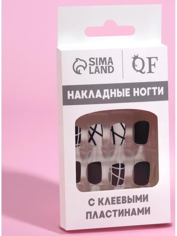 Накладные ногти «Black», 12 шт, с клеевыми пластинами, форма мягкий квадрат, цвет чёрный/белый