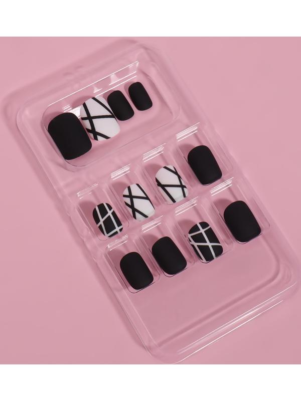 Накладные ногти «Black», 12 шт, с клеевыми пластинами, форма мягкий квадрат, цвет чёрный/белый