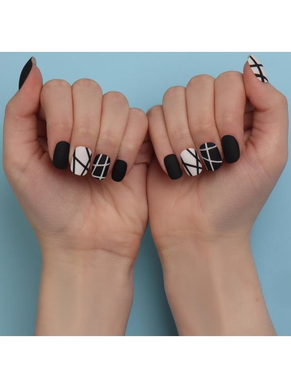 Накладные ногти «Black», 12 шт, с клеевыми пластинами, форма мягкий квадрат, цвет чёрный/белый
