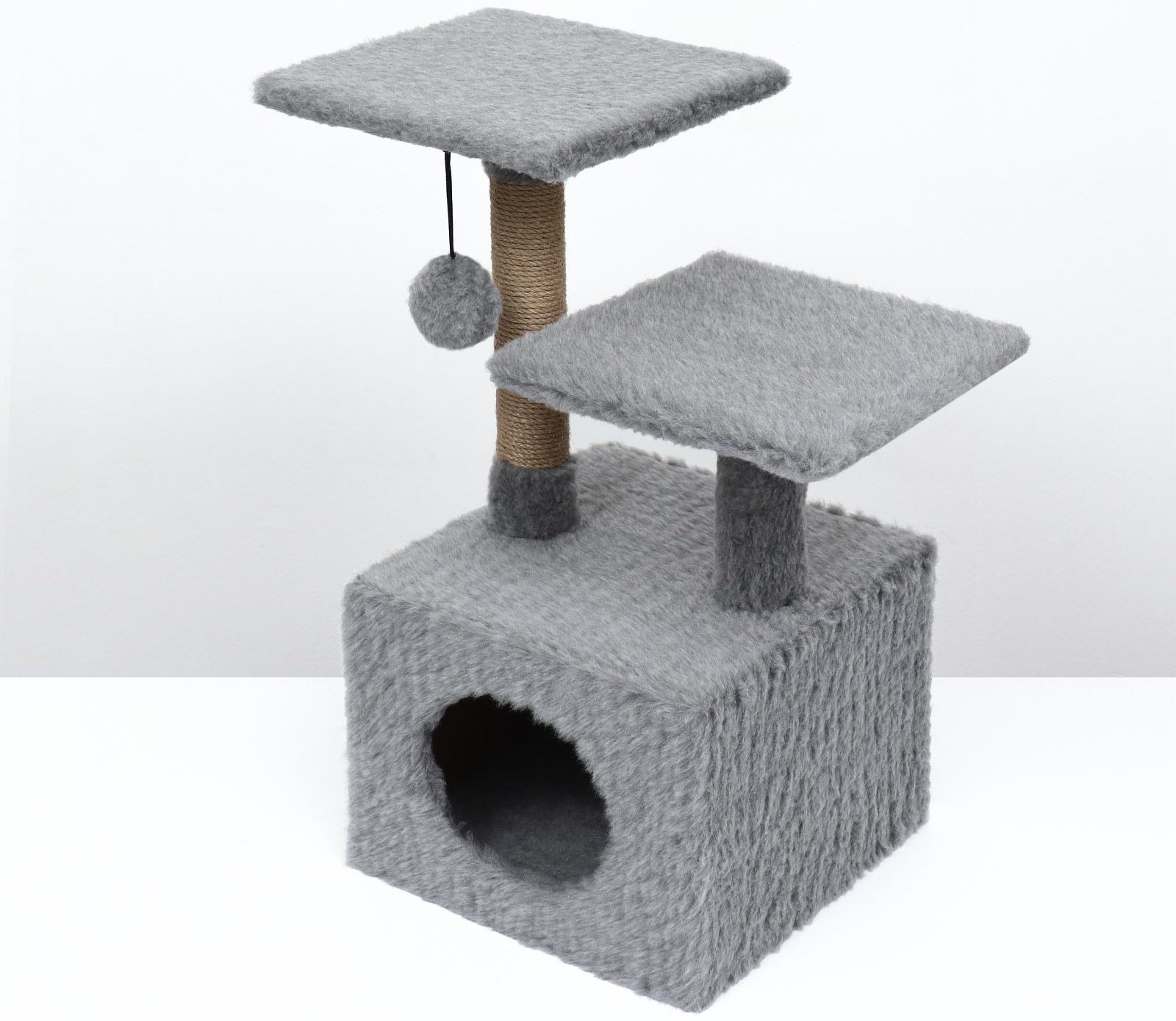 Домик-когтеточка 2-х ур. квадратный с 2-мя квадратными полками, 53 х 35 х 65 см, серый