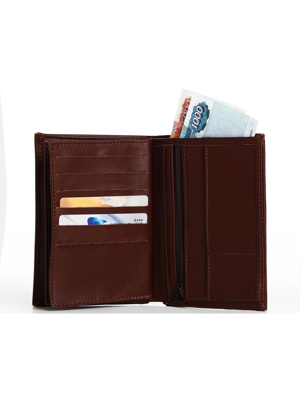 Портмоне мужское без застёжки, 3 в 1, отдел автодокументов, паспорта, карт, купюр, цвет коричневый