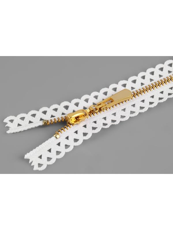 Молния металлическая, №3, неразъёмная, замок автомат, 30 см, цвет белый/золотой