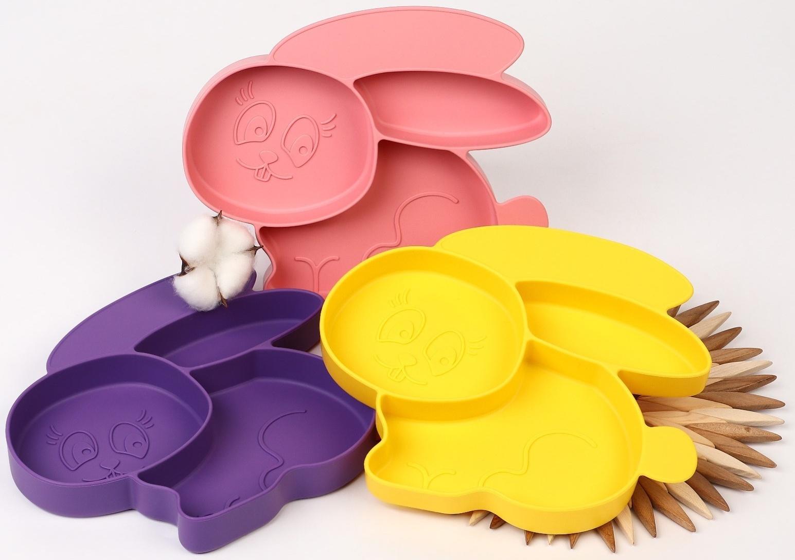 Силиконовая детская тарелка «Зайка» с секциями, цвет МИКС