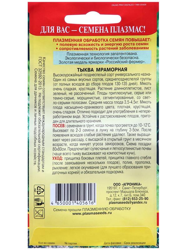 Тыква Мраморная (один из самых вкусных сортов, среднепозднеспелой группы, 130-135дней. 6 шт