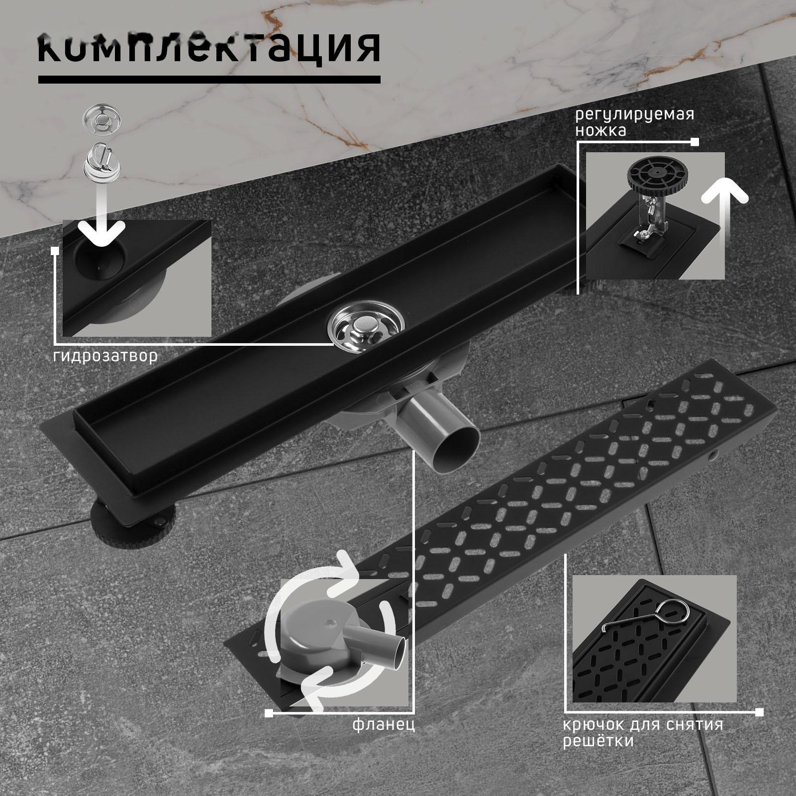 Трап ZEIN, c флaнцeм свободного вращения 360°, 7х40 см, d=40/50 мм, нерж. сталь, черный