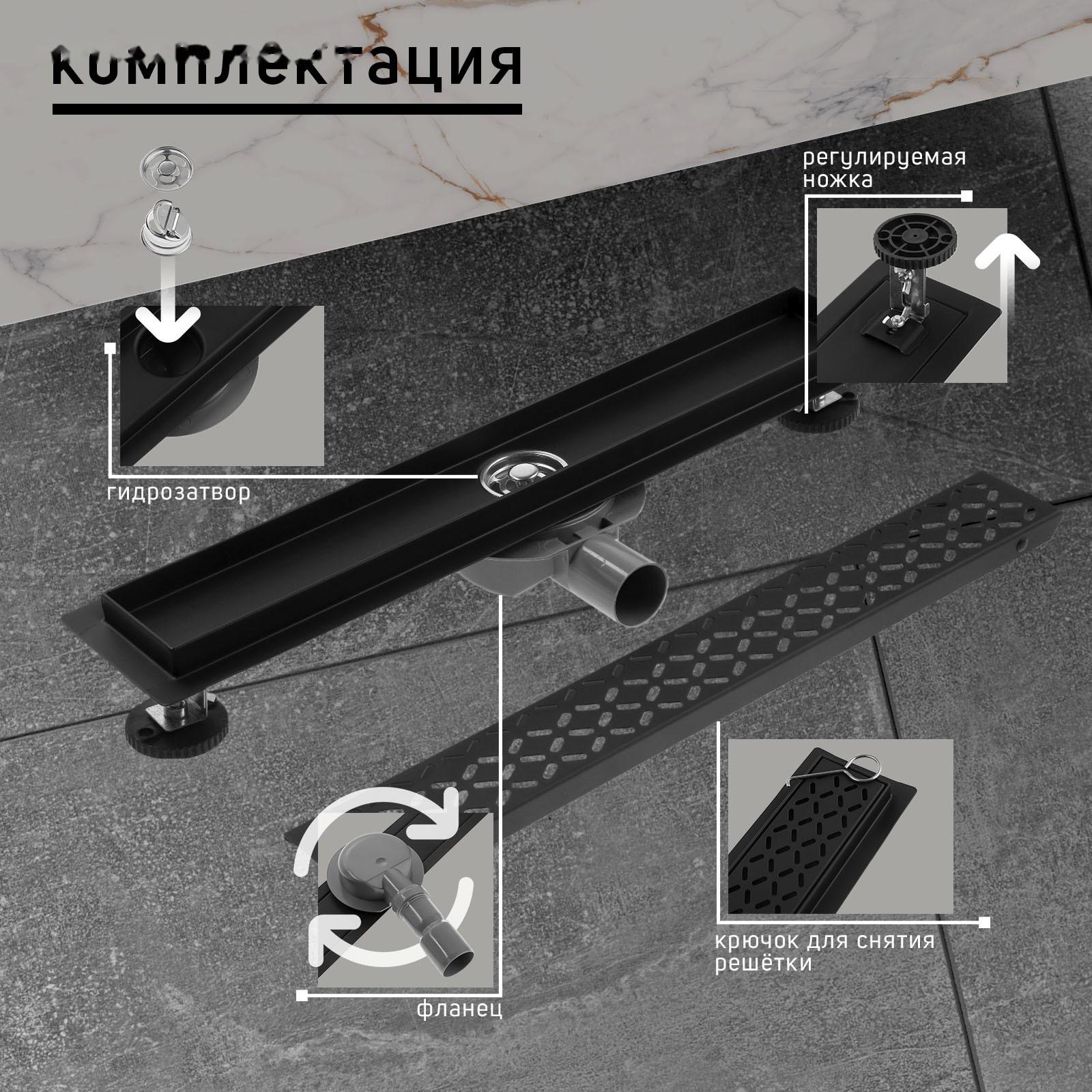 Трап ZEIN, c флaнцeм свободного вращения 360°, 7х50 см, d=40/50 мм, нерж. сталь, черный