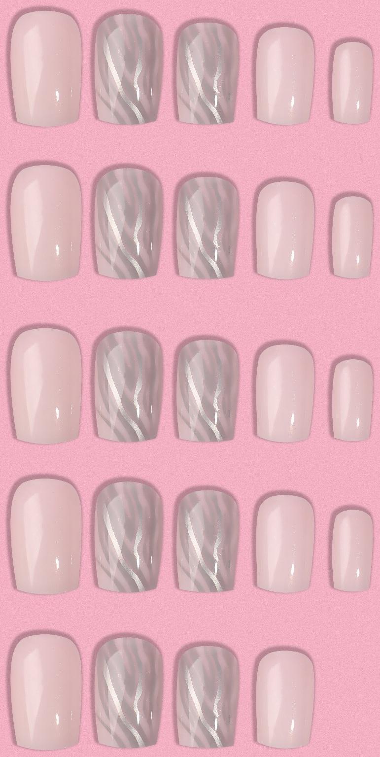 Накладные ногти «Zebra», 24 шт, с клеевыми пластинами, форма мягкий квадрат, цвет белый/серебристый