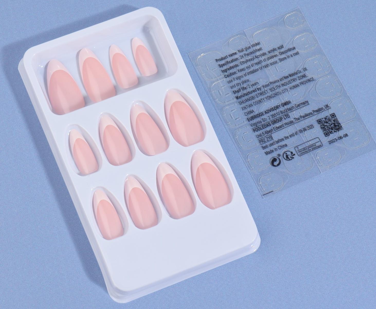 Накладные ногти «Classic French», 24 шт, с клеевыми пластинами, форма миндаль, цвет нежно-розовый/белый