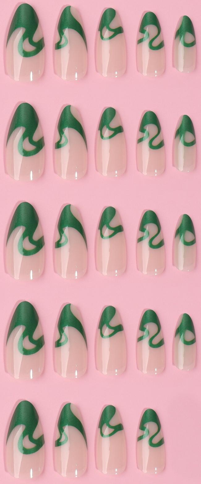 Накладные ногти «Pattern», 24 шт, с клеевыми пластинами, форма миндаль, цвет молочный/зелёный