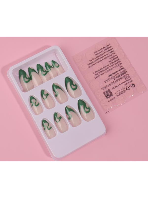 Накладные ногти «Pattern», 24 шт, с клеевыми пластинами, форма миндаль, цвет молочный/зелёный
