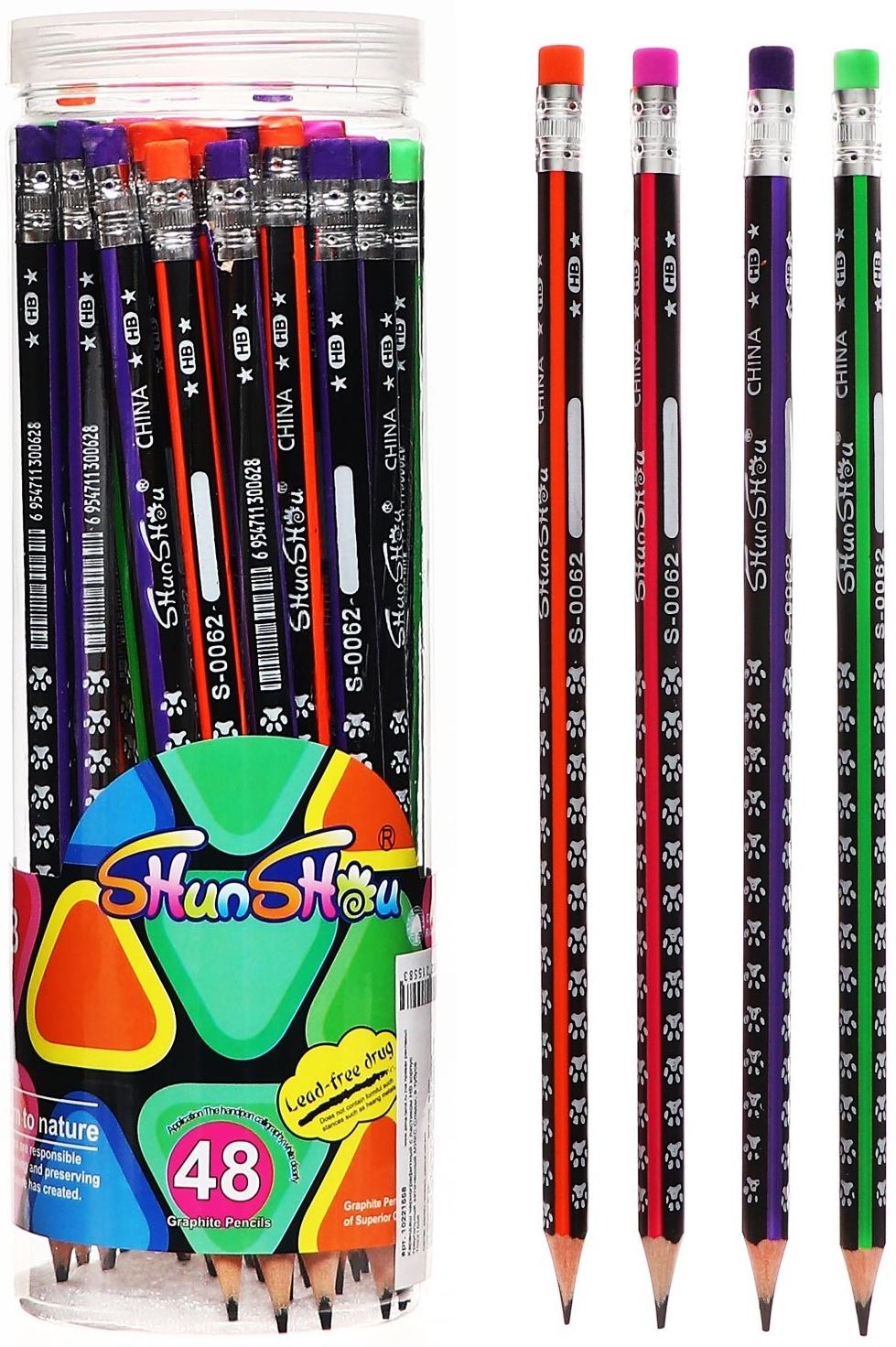 Карандаш чернографитный с ластиком НВ корпус треугольный заточенный МИКС Следы, в тубусе