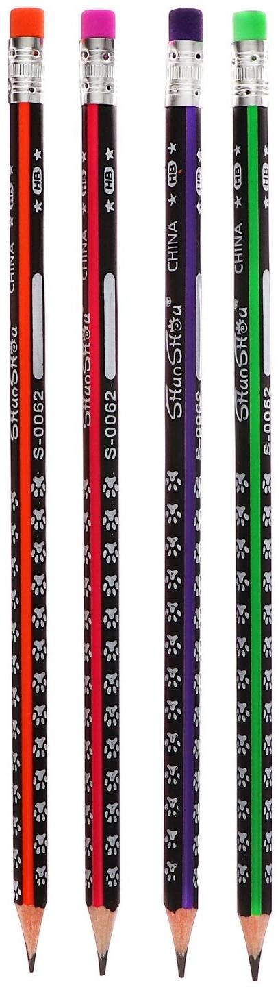 Карандаш чернографитный с ластиком НВ корпус треугольный заточенный МИКС Следы, в тубусе