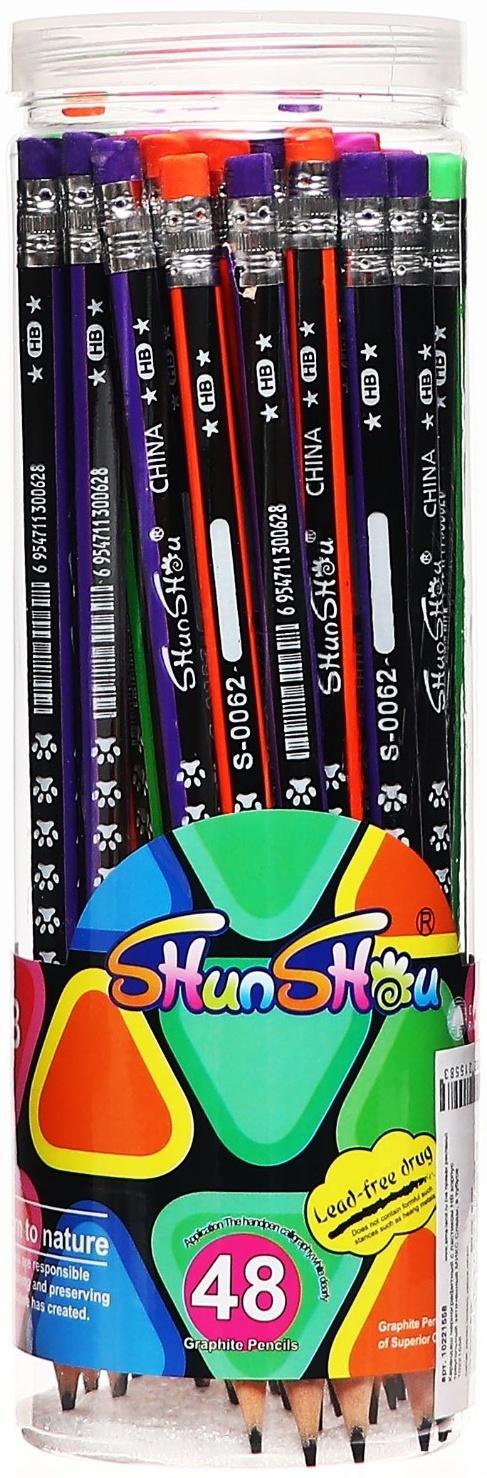 Карандаш чернографитный с ластиком НВ корпус треугольный заточенный МИКС Следы, в тубусе