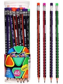 Карандаш чернографитный с ластиком НВ корпус треугольный заточенный МИКС Следы, в тубусе