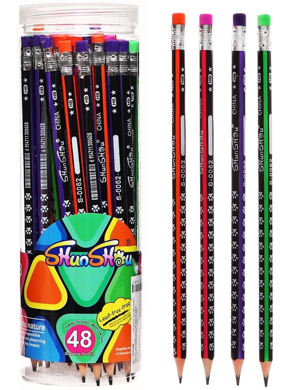 Карандаш чернографитный с ластиком НВ корпус треугольный заточенный МИКС Следы, в тубусе